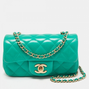 Pre Owned Chanel Green Quilted Leather Extra Mini Classic Flap Bag