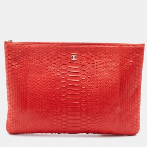 Pre Owned Chanel Orange Python Leather O Case Clutch