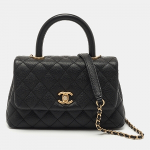 Pre Owned Chanel Black Quilted Caviar Leather Small Coco Top Handle Bag