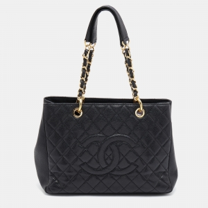 Pre Owned Chanel Black Quilted Caviar Leather GST Shopper Tote