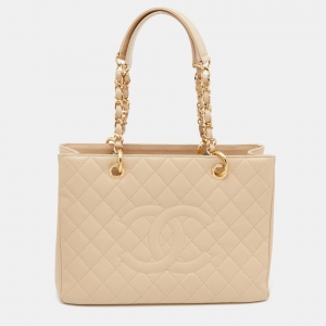 Pre Owned Chanel Beige Quilted Caviar Leather GST Shopper Tote