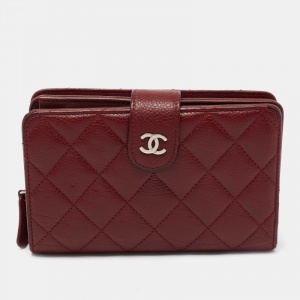 Chanel Red Quilted Caviar Leather CC French Wallet