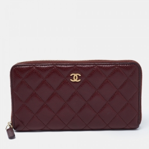 Chanel Red Quilted Leather Classic Zip Around Wallet