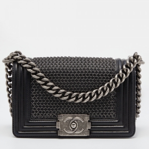 Pre Owned Chanel Black Leather Small Chainmail Boy Flap Bag