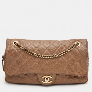 Pre Owned Chanel Brown Quilted Crumpled Caviar Leather Large Shiva Flap Bag