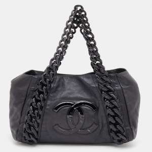Pre Owned Chanel Black Leather Modern Chain Rhodoid East West Tote