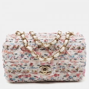 Pre Owned Chanel White/Multiicolor Quilted Tweed New Mini Classic Flap Bag