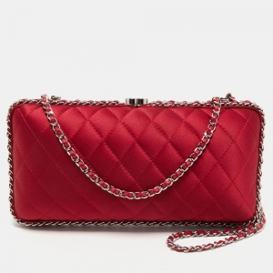 Pre Owned Chanel Maroon Quilted Satin Chain Around Clutch