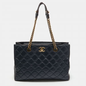 Pre Owned Chanel Navy Blue Quilted Leather Perfect Edge Tote