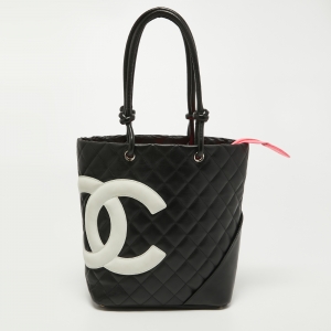 Pre Owned Chanel Black/White Quilted Leather Small Cambon Ligne Bucket Tote