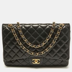 Pre Owned Chanel Black Quilted Leather Maxi Classic Double Flap Bag