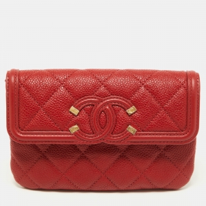 Pre Owned Chanel Red Caviar Leather Small CC Filigree Flap Wallet