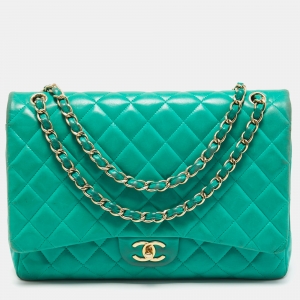 Chanel Green Quilted Lambskin Leather Maxi Classic Double Flap Bag
