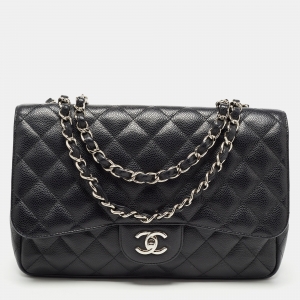 Chanel Black Quilted Caviar Leather Jumbo Classic Single Flap Bag