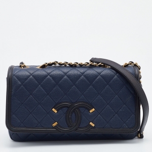 Pre Owned Chanel Blue/Black Caviar Leather Medium CC Filigree Flap Bag