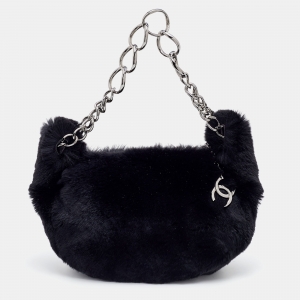 Pre Owned Chanel Black Lapin Rabbit Fur Shoulder Bag