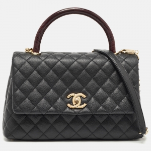 Chanel Black Quilted Caviar Leather and Lizard Embossed Small Coco Top Handle Bag