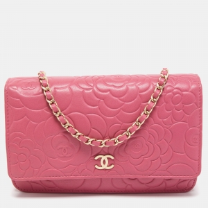 Chanel Pink Embossed Leather Camellia WOC Clutch