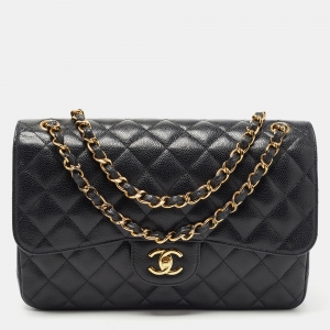 Pre Owned Chanel Black Quilted Caviar Leather Jumbo Classic Double Flap Bag