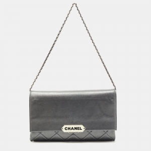 Pre Owned Chanel Metallic Grey Quilted Leather Retro Label Flap Bag