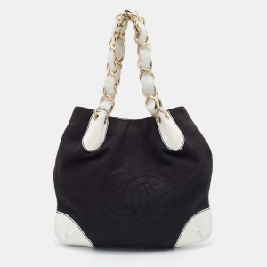 Pre Owned Chanel Black/White Canvas and Leather Vintage Olsen Hobo