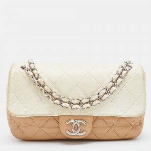 Pre Owned Chanel White/Beige Quilted Leather Medium Single Flap Bag