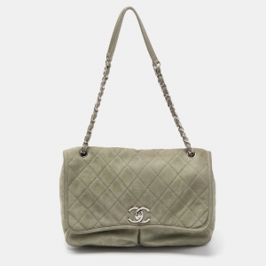 Pre Owned Chanel Mint Green Quilted Nubuck Maxi Natural Beauty Flap Bag