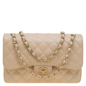 Pre Owned Chanel Beige Quilted  Caviar Leather Jumbo Classic Double Flap Bag