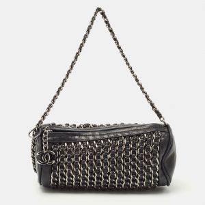 Pre Owned Chanel Black Leather Chain Links Barrel Clutch Bag