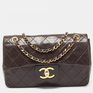 Pre Owned Chanel Dark Brown Quilted Leather Medium Classic Double Flap Bag