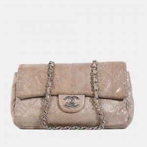 Pre Owned Chanel Taupe Python Stitched Leather Single Flap Shoulder Bag