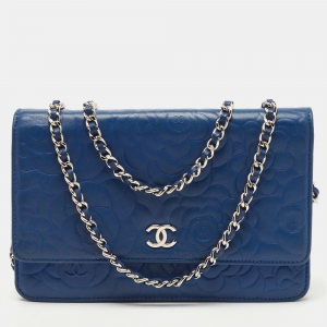 Chanel Blue Leather Camellia Wallet on Chain