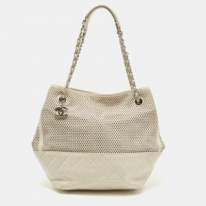 Pre Owned Chanel Cream Perforated Leather Up In The Air Tote