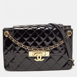 Pre Owned Chanel Black Quilted Patent Leather Golden Class Accordion Flap Bag