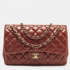 Pre Owned Chanel Burgundy Quilted Lambskin Leather Jumbo Classic Double Flap Bag