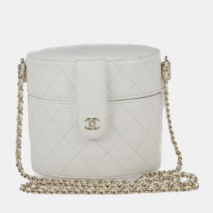 Chanel White Leather Round Vanity Clutch Bag