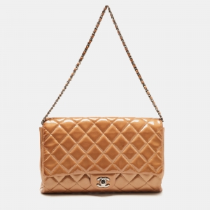 Chanel Beige Quilted Patent Leather Classic Flap Shoulder Bag