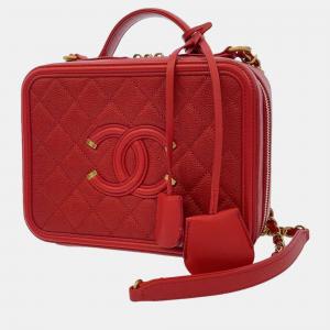 Chanel Red Leather Small CC Filigree Chain Vanity Bag