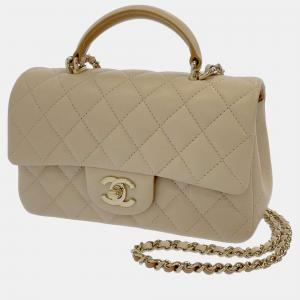 Chanel Beige Lambskin Leather Mini Classic Single Flap Top Handle Bag