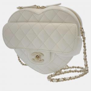 Chanel White Quilted Caviar Leather CC In Love Heart Shoulder Bag