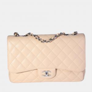 Chanel Beige Quilted Caviar Jumbo Classic Single Flap Bag