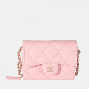 Chanel Pink Quilted Caviar Compact Wallet On Chain