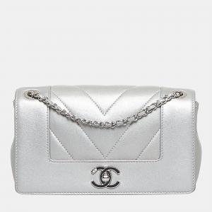 Chanel Silver Mademoiselle Vintage Chevron Flap Bag