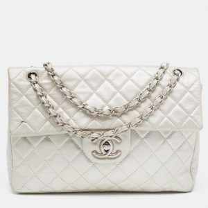 Chanel Metallic Grey Quilted Leather Maxi Classic Single Flap Bag