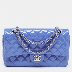 Chanel Light Blue Quilted Patent Leather Medium Classic Double Flap Bag