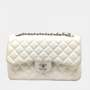 Chanel White Leather Medium Classic Double Flap Shoulder Bag