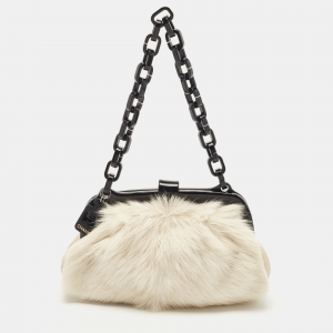 Chanel Off White Fur and Leather No. 5 Frame Satchel