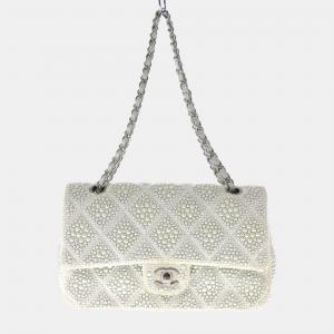 Chanel White Canvas Crystal Flap Bag