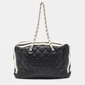 Chanel White/Black Quilted Leather CC Zip Shoulder Bag