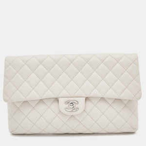 Chanel Off White Quilted Caviar Leather Flap Clutch